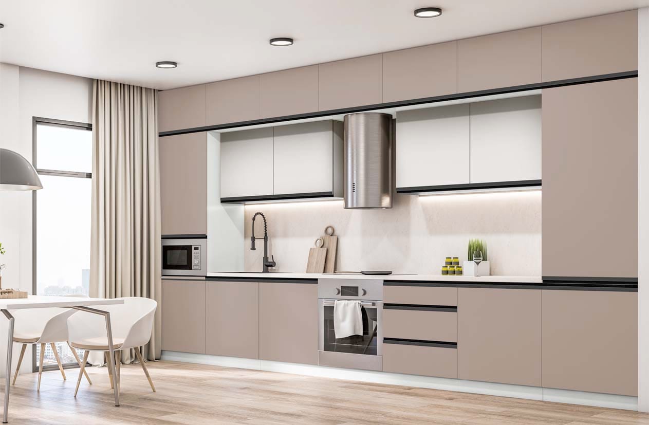 Side,View,On,Stylish,,Sunny,Kitchen,Area,With,Modern,White